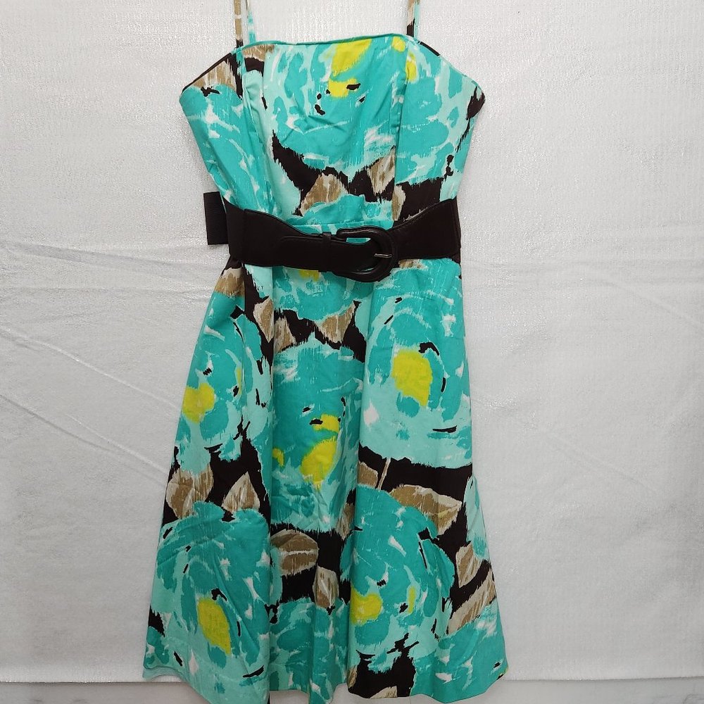 carole little green, teal, brown belted covetable strap/ strapless dress